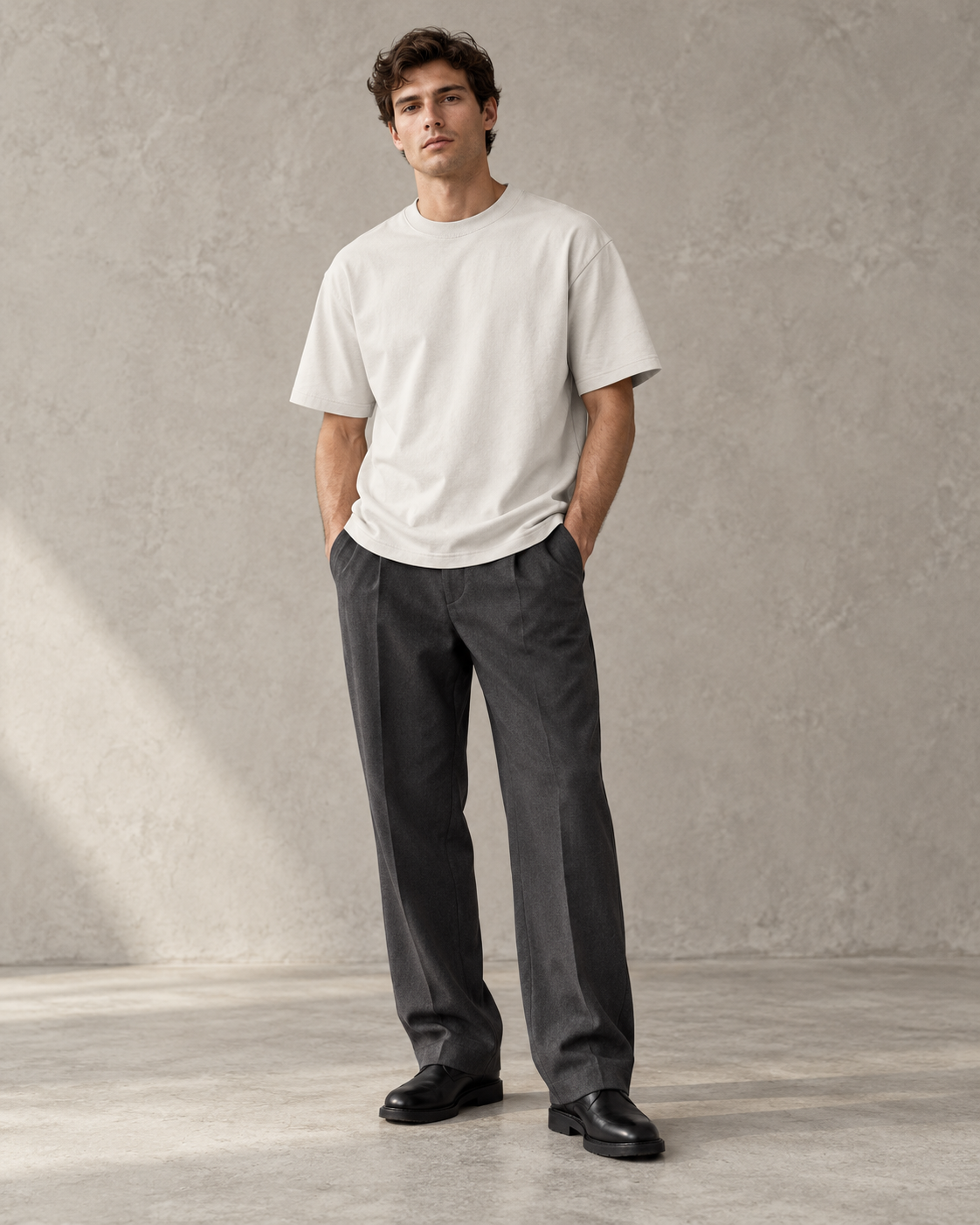 Male model wearing the Atelier 01 stone heavyweight T-shirt